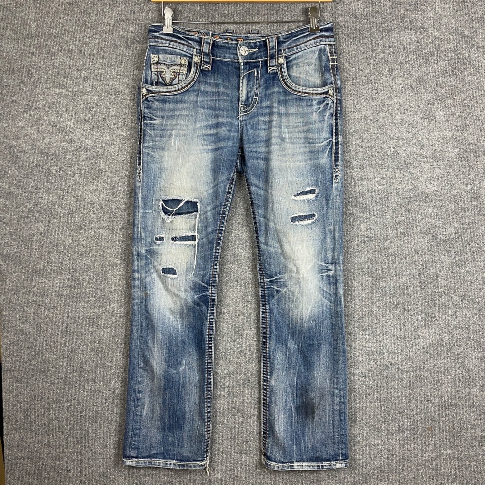 Rock Revival Jeans Mens 30 Blue Fair Distressed Bootcut Thick Stitch Denim